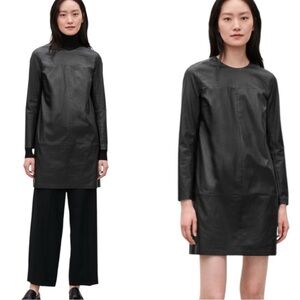 NWT COS Black Lambskin Leather Long Sleeve Mini Shift Dress - 4